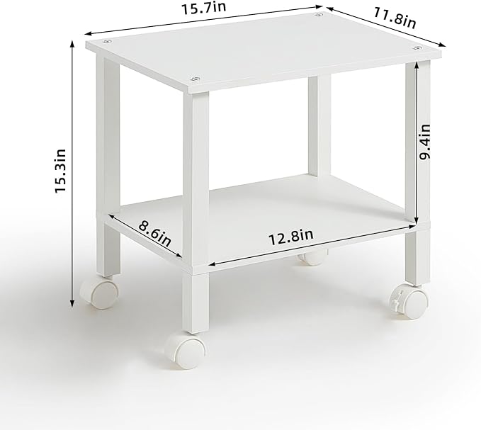 YUFAM 2 Tier Under Desk Printer Stand with Storage, White | Wooden Small Printer Table for Home Office, Rolling Printer Cart Shelf with Lockable Wheels