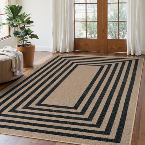 Lahome Modern Easy Jute Dining Room Rug, 5x7 Black Geometric Outdoor Rug
