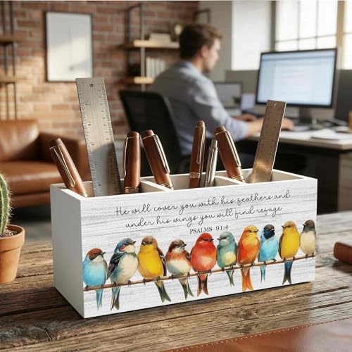 Christian Bird Pencil Pen Holder for Desk Organizer, Christian Gifts for Women Men, Religious Bible Verse Wooden Box Decorations for Home Office Bedroom Desk Tabletop Decor