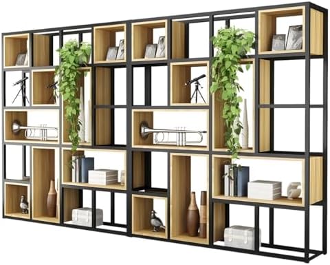 Wood Industrial Cube Bookcase with Shelves & Open Back Iron Bookshelf Floor Steel & Wood Shelf Multi-Layer Shelf Storage Rack Office Partition Display Rack Natural 126" L x 9.8" W x 78.7" H