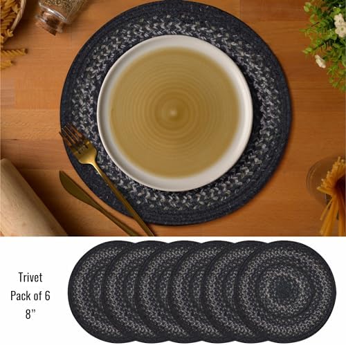 Homespice Jet Black Braided Trivets Ideal as Pot Holders, Round 8" Set of 6