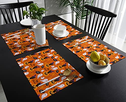 Vandarllin Happy Halloween Boo Placemats Set of 6, Cartoon Pumpkin Spooky Black Cats Ghosts Cotton Linen Stain Resistant Table Mats Washable Placemat Decoration for Kitchen Dining Table,Orange