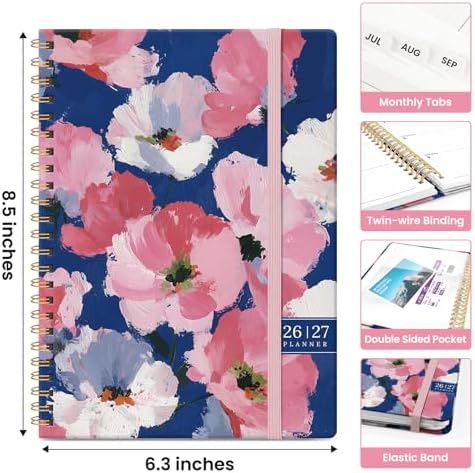 Planner 2026-2027, Monthly & Weekly Jul 2026-Jun 2027 Calendar Book | 6.3" x 8.5", Hardcover Spiral Planner with Tabs, School & Daily Pretty Agenda for Women, Students, Teachers, Floral Canvas