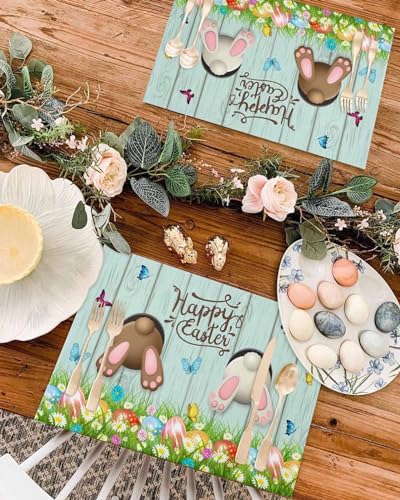 Spring Easter Placemats Set of 6, Funny Bunny Tails Rabbit Heat Resistant Washable Dining Table Mats Floral Farmhouse Decor for Kitchen&Table Linens Outdoor IndoorOutdoor Indoor