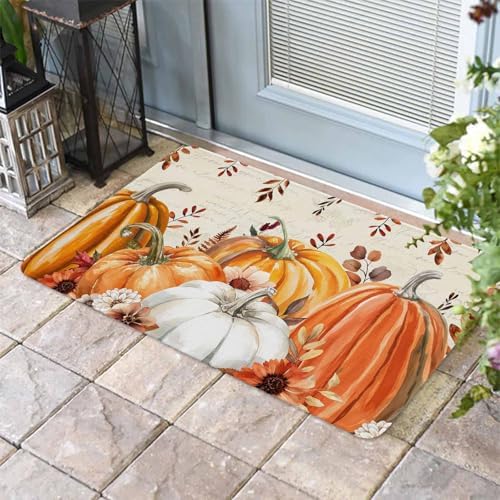 Fall Door Mat Harvest Pumpkin Doormat Orange Flower Eucalyptus Leaves Beige Harvest Thanksgiving Welcome Mat Non Slip Entryway Front Rug Floor Mat for Indoor Outdoor Kitchen Autumn Holiday Decor 20x32