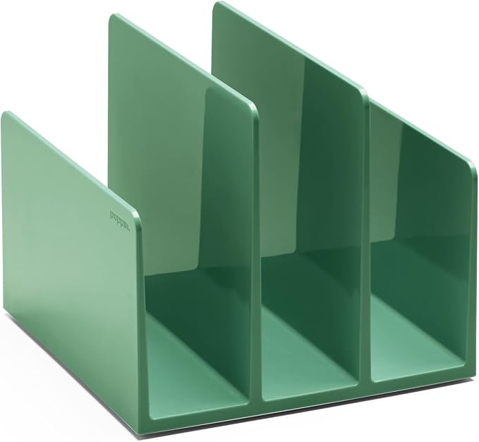 Poppin Fin File Sorter - 3-Compartment File Organizer, Sturdy and Durable Document Organizer, Sleek Design with Lacquer-like Finish, for Desk (Sage)