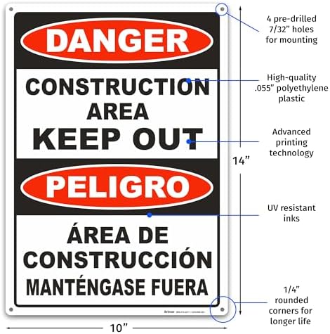 BRIMAR Bilingual Danger Construction Area Keep Out Sign, 10 X 14 Inch