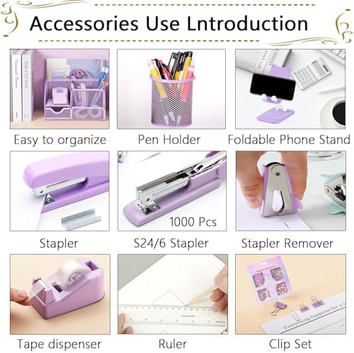 Office Supplies,Desk Accessories,Stapler and Tape Dispenser Set,1000 Staples,Staple Remover,Pen Holder,Folding Phone Holder,Journal Notebook,Ballpoint Pen,Scissor,Ruler,Clear Tape,Sticky Notes,Ect