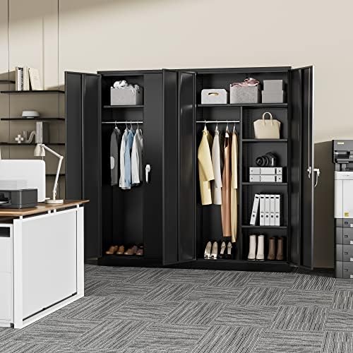 Greenvelly Metal Storage Wardrobe with 2 Doors, Black 72” Steel Storage Wardrobe Cabinet, Employees Locker Closet Clothing Coat Steel Wardrobe Cabinet with Hanging Rod for Garage, Gym, Home Office