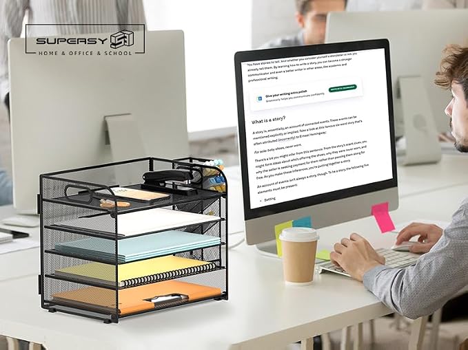 5-Tier Paper Organizer for Desk with Pen Holders, 2-Pack, Black | Metal Mesh Desktop File Organizer with Removable Trays and 2 Handles for Paper, Files, Mail, Folders in Office Home or School