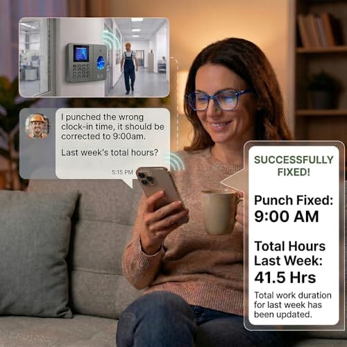 App-Controlled Time Clock with 5s Fast Connection, Edit Records, Set Rules & Run 4 Reports, No Monthly Fee, Fingerprint Time Clock for Employees Small Business, 10 IC Cards