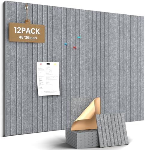 JBER Felt Bulletin Board 48" x 36", 12 Pack Felt Wall Tiles, Light Gray