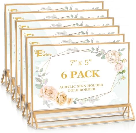 EHWINE 6 Pack Acrylic Sign Holder 5 x 7 Horizontal, Double-Sided Stand up Table Top Sign Holders, Gold Acrylic Picture Frame Menu Flyer Paper Holder Display Stand for Office Business Store Wedding Party