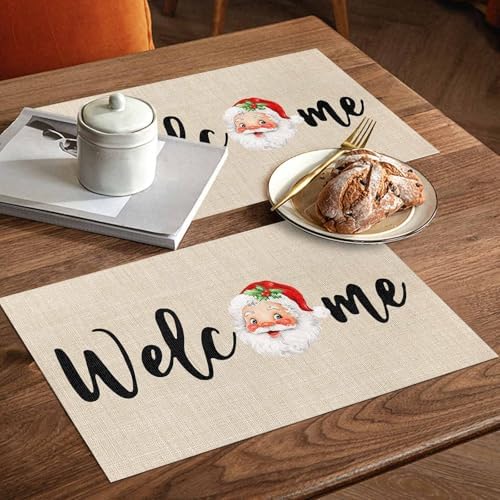 Christmas Welcome Placemats Set of 6, Santa Heat Resistant Washable Table Place Mats Farmhouse Rustic Xmas Cotton Table Linens Party Holiday Decor for Kitchen Dining Outdoor Indoor