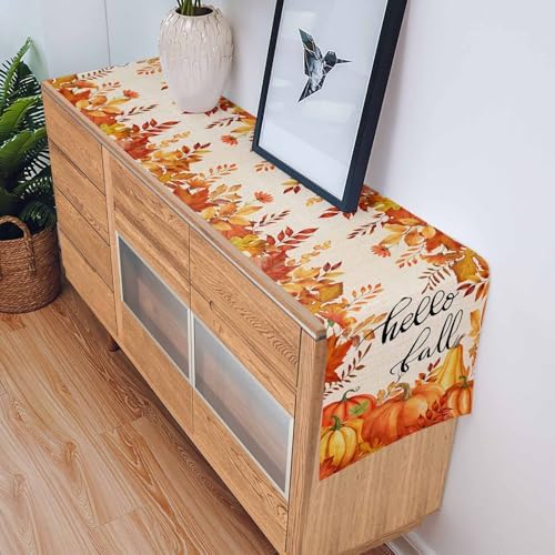 Fall Pumpkin Table Runner Dresser Scarf 13 x 120 Inch Harvest Orange Maple Leaves Table Runners Non-Slip Heat Resistant Kitchen Dining Table Decor for Autumn Thanksgiving Holidays Indoor Outdoor