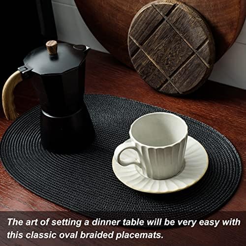 AHHFSMEI Placemats Set of 6 for Dining Table Washable Woven Non-Slip 18x12 inches Placemat Heat-Resistant Durable Table Mats for Dining Table Easy to Clean (Oval Black, 6)