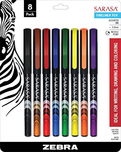 Zebra Pen SARASA Fineliner Pen, Assorted Ink, 0.8mm, 8-Pack