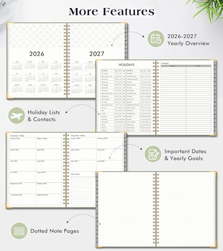 Academic Planner 2026-2027, Weekly and Monthly Hardcover Planner, July 2026 - June 2027, 5.75" x 8.38" A5 Large Daily Calendar Planner Book with Tabs, Spiral Yearly Agenda Organizer Notebook for School Work Home, Green