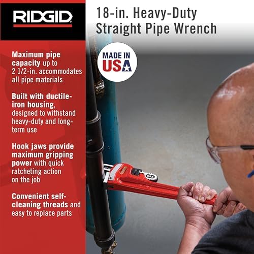 RIDGID 31025 Model 18 Heavy-Duty Straight Pipe Wrench, 18-inch Plumbing Wrench