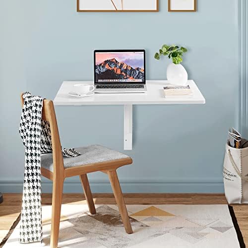 COSTWAY Wall Mounted Folding Table, 31.5" x 23.5" Drop-Leaf Floating Writing Desk for Small Spaces, Space-Saving Fold Down Laptop Workstation for Kitchen, Bedroom, Laundry Room, Study Room (White)