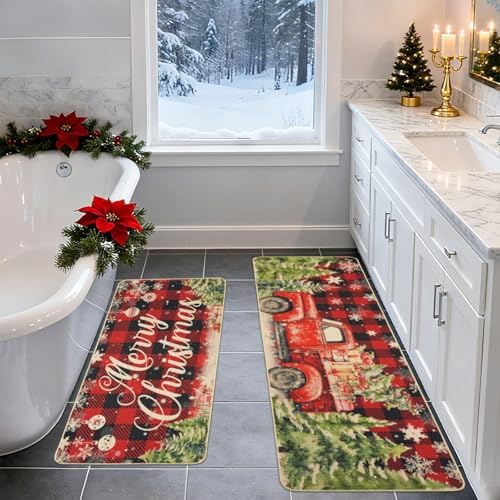 MEHOFOND Merry Christmas Kitchen Rugs Set of 2,Farmhouse Truck Red and Black Buffalo Plaid Kitchen Rugs,Winter Xmas Holiday Floor Mat,Snowflake Christmas Kitchen Decor 17 x 29 and 17 x 47 in