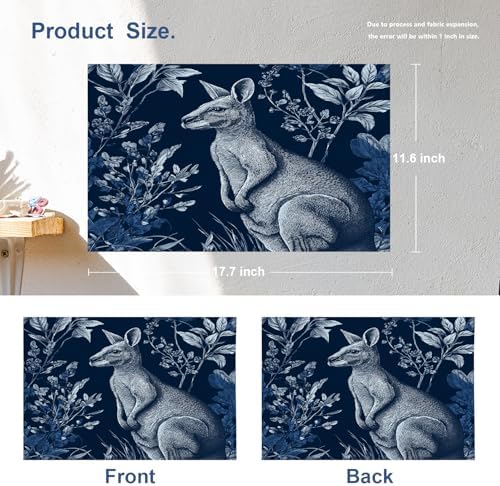 Batmerry Cute Kangaroo Linen Placemats Set of 4, Navy Blue with Plants Washable Table Mats for Kitchen Table Thickened Heat Insulation Dining Set Indoor Outdoor 12X18 in
