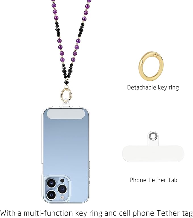 AIDSOTOU Lanyards for ID Badges and Keys,Natural Stone Beaded Teacher Lanyard for Women,Retractable Lanyard with ID Holder Cute Lanyards for Teachers (Purple)