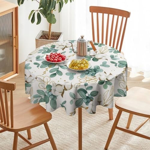 Cotton Flowers Tablecloth, Watercolor Summer Green Golden Eucalyptus Leaves Floral Print Table Cloth for Outdoor Picnic Home Dining Kitchen Table Decor, 60x60in