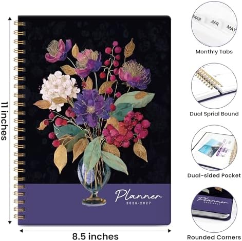 Large Planner 2026-2027, A4 (8.5" x 11") Hardcover Weekly & Monthly Planner July 2026 - June 2027 with Monthly Tabs, Academic Planner for School, Work and Office, Opulent Vase