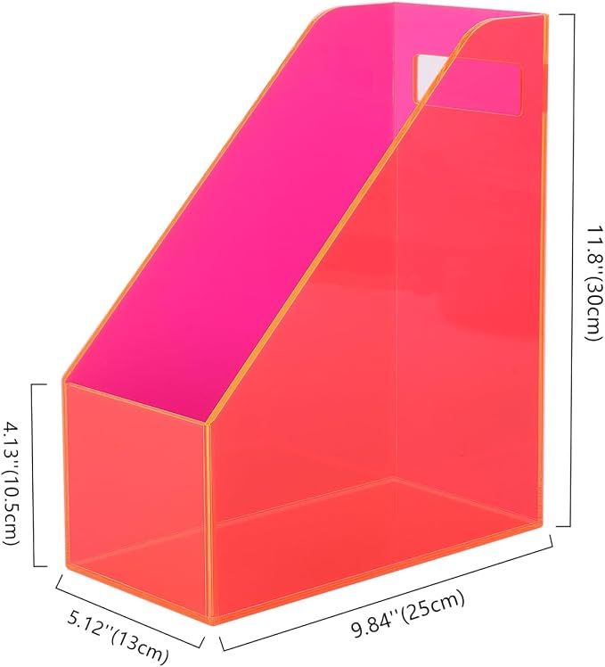 Acrylic Magazine Rack Desk File Holder Organizer for Office Desktop Vertical Magazine Storage Box, 12 x 10 x 5'', Neon Pink