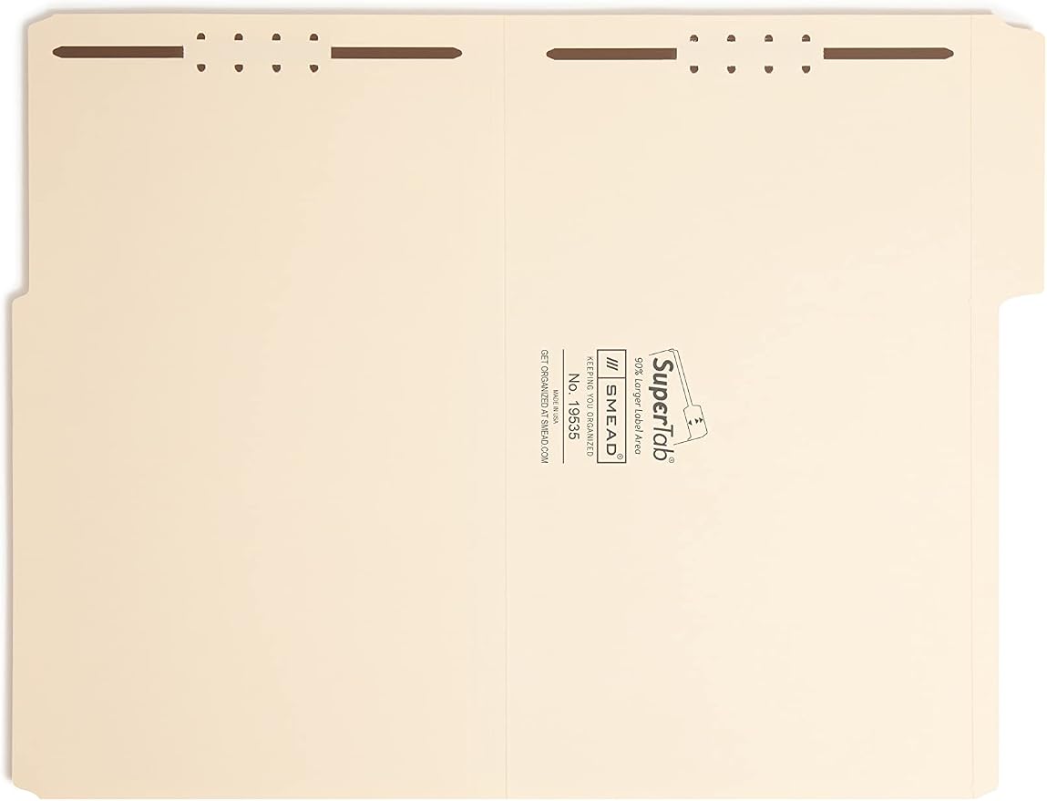 Smead SuperTab® Fastener File Folder, 2 Fasteners, Oversized 1/3-Cut Tab, Guide Height, Legal Size, Manila, 50 Per Box (19535)| (Pack of 5)