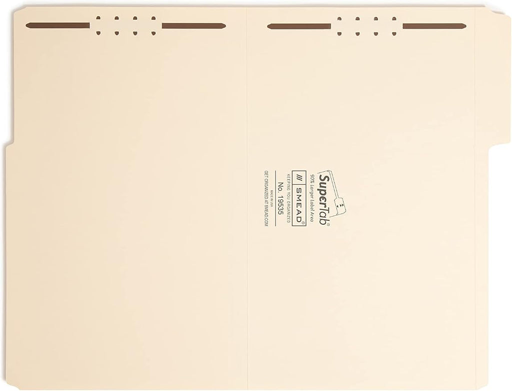 Smead SuperTab® Fastener File Folder, 2 Fasteners, Oversized 1/3-Cut Tab, Guide Height, Legal Size, Manila, 50 Per Box (19535)