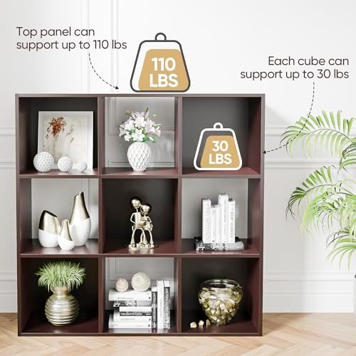9 Cube Storage Organizer Wooden Display Storage Shelf W/5 Removable Back Panels&11 inch Opening Shelf, Customizable Cubby Bookcase Cabinet Bookshelves for Office, Living Room and Bedroom, Dark Brown
