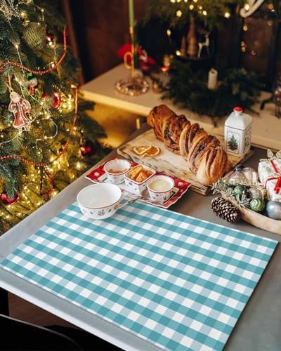 Rustic Teal White Buffalo Check Plaid Pattern Placemats Set of 6, Farmhouse Heat Resistant Washable Table Place Mats Cotton Table Linens Party Holiday Decor for Kitchen Dining Outdoor Indoor