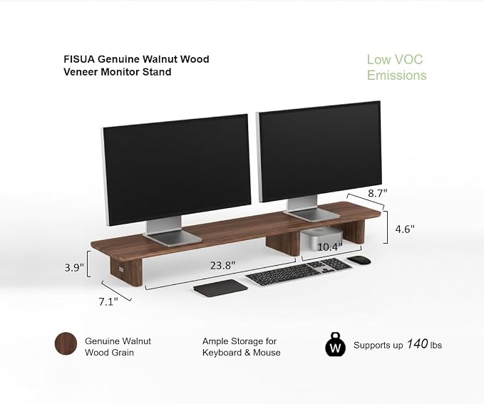 Walnut Dual Monitor Stand Riser - 43.3" Extra Long Wooden Monitor Stand for 2 Monitors, Desk Shelf Organizer for iMac, Laptop & Ultrawide Displays, Natural Wood Grain