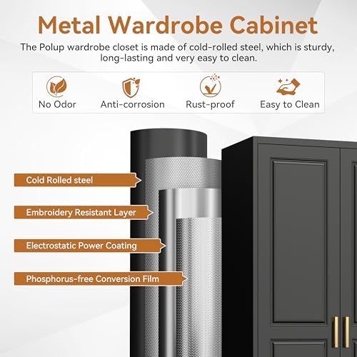 Polup Metal Armoire Wardrobe Closet, 71" Tall Wardrobe Cabinet with 2 Doors