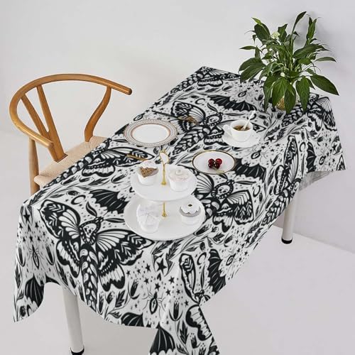 Boho Moth Tablecloth, Gothic Mysterious Halloween Black White Death Butterfly Bat Witch Print Table Cloth for Kitchen Dining Picnic Party Restaurant Decoration 60x110in