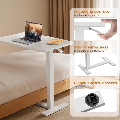 Overbed Bedside Table with Hidden Casters, Adjustable Pneumatic Mobile Laptop Computer Standing Desk, Rolling Laptop Table, Movable Overbed Table Hospital Home Use, White
