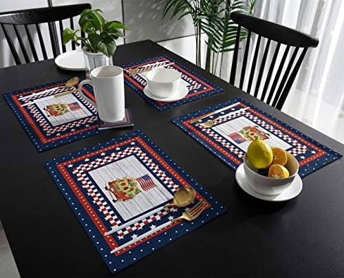 Fourth of July USA American Flag Farm Trucks Placemats Set of 4, Blue Red White Stripes Stars Rustic Wooden Buffalo Check Heat Resistant Washable Table Mats Decoration for Kitchen Dining Outdoor