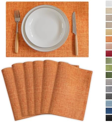 Demetex Orange Placemats Set of 6 Fall Linen Place Mats Modern Washable Table Plate Mats for Dinner Banquet Buffet Restaurant Dining Room, 13x19 inch, Orange