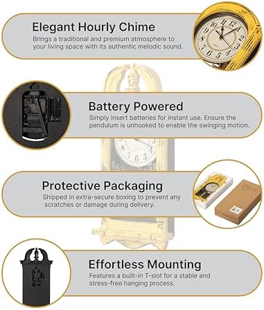 Clockswise 20" Plastic Grandfather Clock in Distressed Finish with Swinging Pendulum & Chiming Sound Battery-Operated Decorative Wall Accent for Home Office Living Room Kitchen Hallway, Yellow