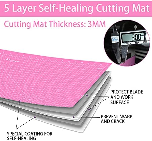 Headley Tools 18"x12" Thickened Self Healing Cutting Mat, A3 Rotary Cutting Sewing Mat for Crafts, Double Sided 5-Ply Table Cutting Board for Fabric Quilting Art Hobby Project, Pink/Purple