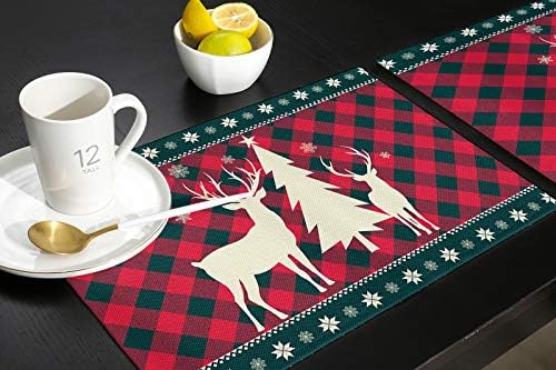 Christmas Trees Reindeer Elk Placemats Set of 4, Red Holiday Buffalo Checkered Plaid Cotton Line Stain Resistant Table Mats Washable Holidays Placemat Decoration For Kitchen Dining Table Farmhouse