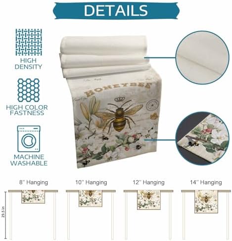Bee Table Runner Dresser Scarf 13 x 108 Inch Farmhouses Honeybee White Floral Plants Retro Beige Table Runners Non-Slip Heat Resistant Kitchen Dining Table Decor for Home Holidays Indoor Outdoor