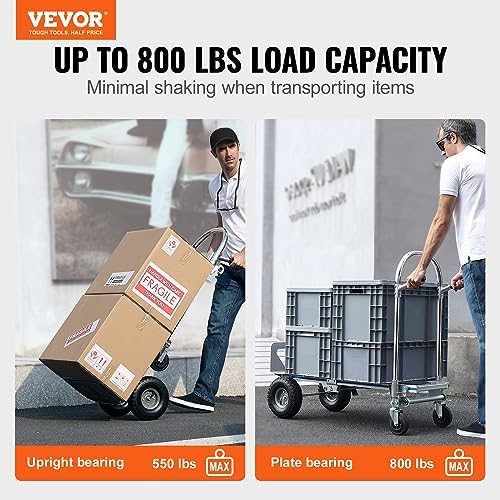 VEVOR Aluminum Truck, 2 in 1, 800 lbs Load Capacity, Heavy Duty Industrial Convertible Folding Hand Truck and Dolly, Utility Cart Converts from Hand Truck to Platform Cart with Rubber Wheels