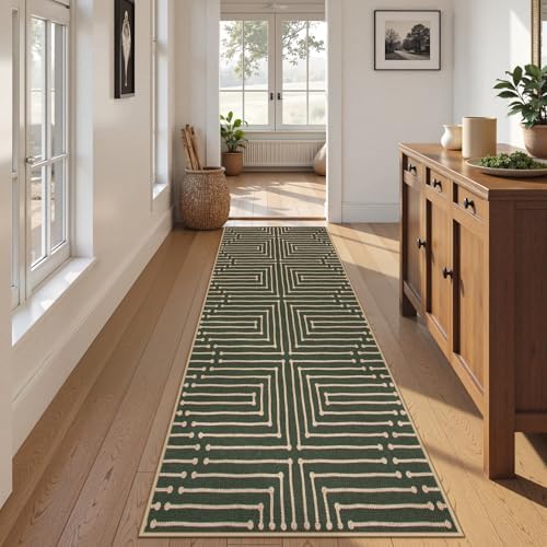 Lahome Maze Line Green Kitchen Runner Rug, 2x8 Outdoor Easy Jute Runner Rug