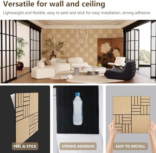 4 Packs Acoustic Wall Panels - Self-Adhesive 3D Wood Slat Wall Panel- Peel and Stick Sound Absorbing Panels for Noise Reducing - Feature Wall Decor for Home & Office