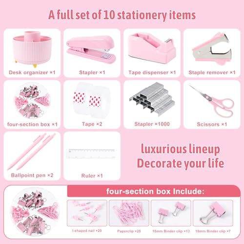 Gawsey Pink Desk Organizers and Accessories with Desk Organizer 360° Rotating Pen Holder and Office Supplies, Cute Stationery Supplies Set