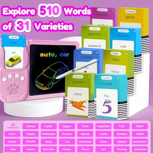 Writing Tablet with Bilingual Flash Cards for Kids, Italian Pink