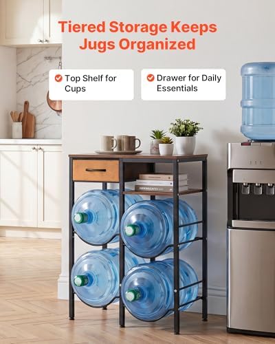 VEVOR 5 Gallon Water Jug Holder, 4-Tier Double Rows 3 or 5 Gallon Water Bottle Holder for 4 Bottles, Heavy Duty Jug Rack Organizer with Storage Shelf, Drawer, Handle for Kitchen, Office, Black+Brown